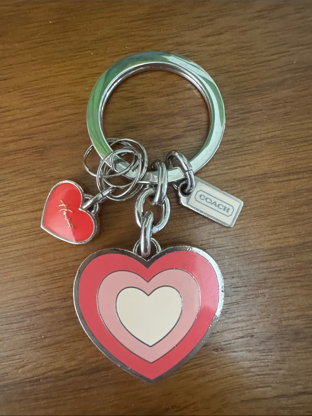 Coach Layered Heart Enamel Key Ring in Red and Pink